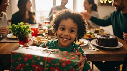 Smiling young African American boy with curly hair presenting a festive wrapped gift during a joyful family holiday celebration around a dining table filled with food.