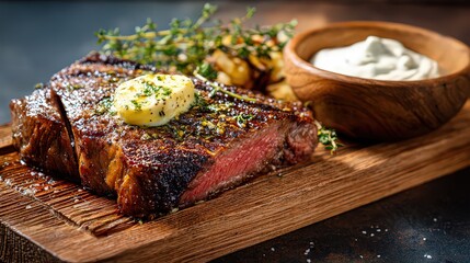 Close Up Shot Of Grilled Steak With Butter On A Wooden Plate Accompanied By Sauce And Herbs