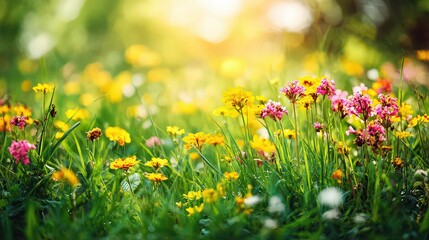 Fototapeta premium Vibrant Meadow of Colorful Flowers Blooming in Sunlight with Green Grass Background