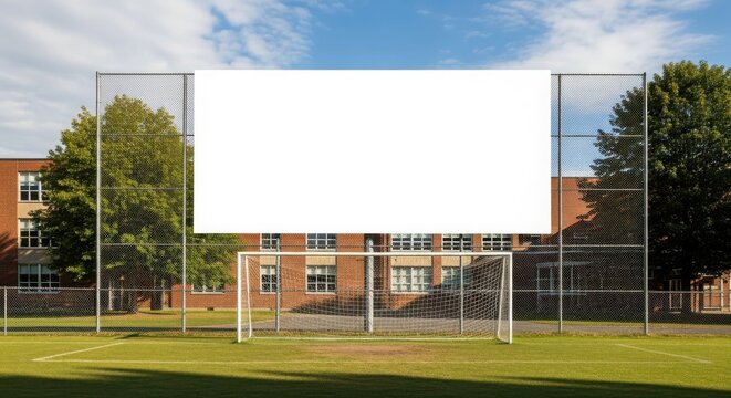 A soccer field with goalposts and a large blank white billboard in front of a brick building and trees under a blue sky.