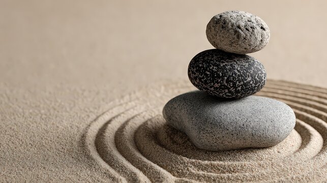 Stacked Pebbles in Sand with Concentric Circular Patterns Displaying Serenity