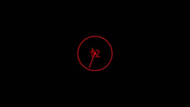 Abstract spinning clock icon animation on black background.12,Icon symbolizes hours, minutes, and time tracking. Clock visual highlights punctuality and time.4k