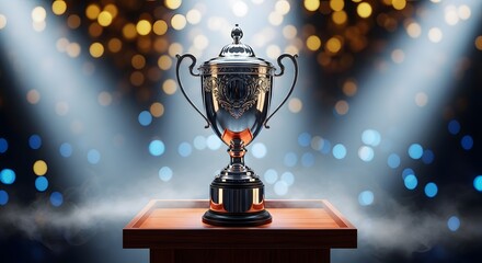 A gleaming trophy stands proudly on a wooden pedestal under dramatic spotlights with a bokeh background of festive lights.