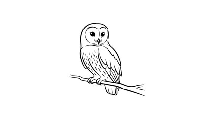 Illustration of a barn owl perched on a branch in black and white
