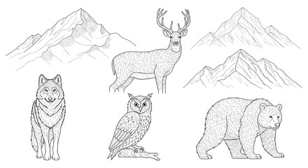 Illustration of mountains deer wolf owl and bear in black and white