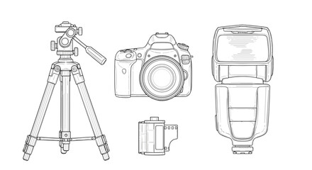 Illustration of a camera with a tripod flash and film canister setup