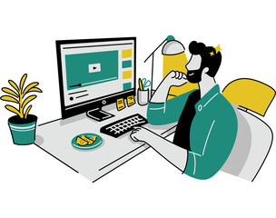 Naklejka premium Man Watching Video on Computer Illustration