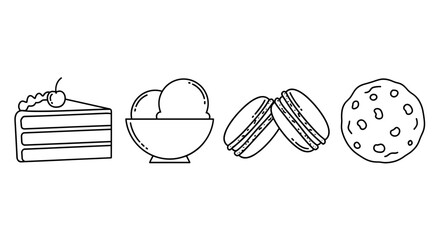Outline drawing of cake slice ice cream macarons and a chocolate chip cookie