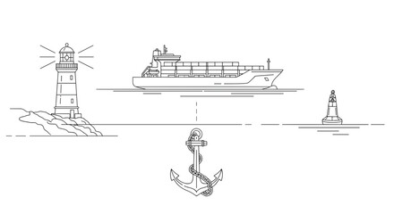Illustration of a lighthouse, cargo ship, buoy, and anchor design