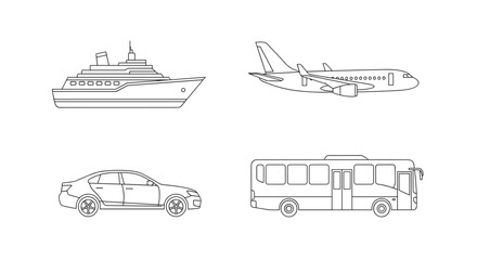 Line drawings of a cruise ship airplane car and bus transportation