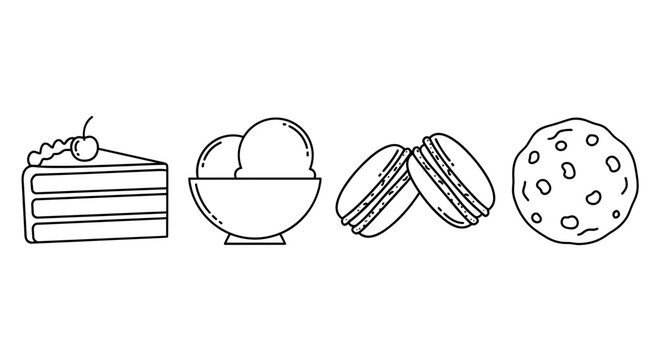 Outline drawing of cake slice ice cream macarons and a chocolate chip cookie