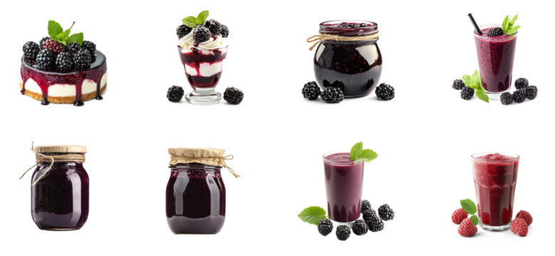 Collection of blackberry drizzle over a cheesecake, bringing a burst of fruity flavor. full length isolate on transparent background