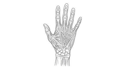 Illustration of human hand anatomy showing bones muscles and tendons