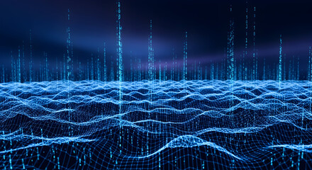 Abstract Digital Landscape of Blue Binary Code Waves and Vertical Data Streams.