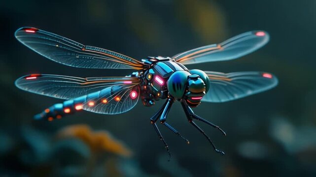 Close-up of a futuristic robotic dragonfly with glowing elements and translucent wings.