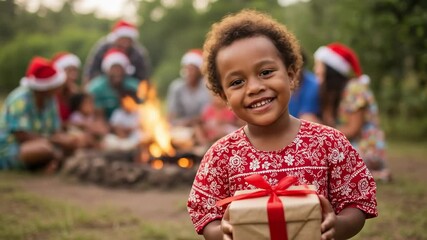 Happy young African child holding a Christmas gift, smiling brightly while family and friends celebrate around a campfire outdoors - Powered by Adobe