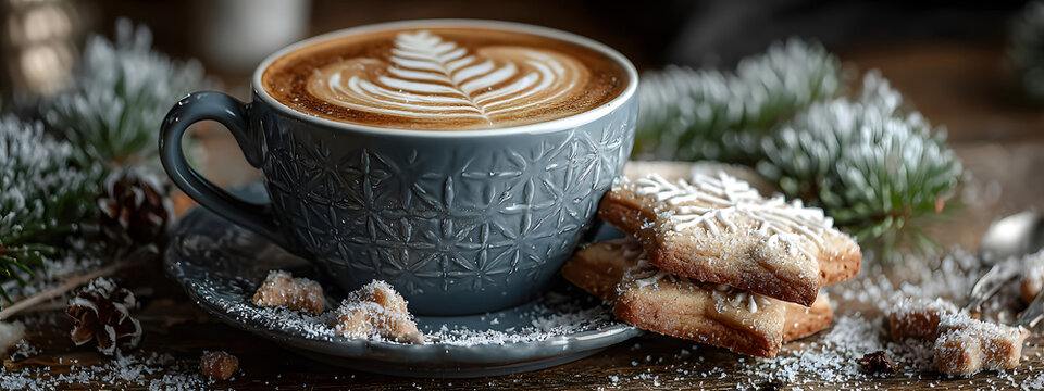 Cup of coffee with snowflake latte art beside gingerbread cookies and frosted pine branches on a snow-dusted wooden surface - Powered by Adobe