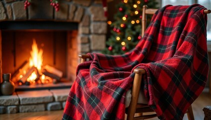 Obraz premium Cozy fireplace scene with plaid blanket for winter holiday blog and home decor advertising