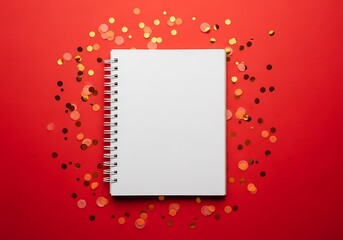 Blank spiral notebook surrounded by golden confetti on red background
