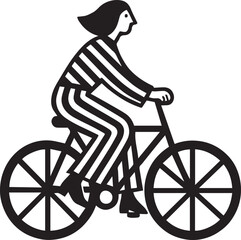 Striped Woman on Bicycle – Minimal Black & White Geometric Illustration