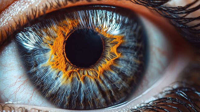 Pupil diameter change ultra-detailed macro human eye iris muscle fibers blue golden patterns eyelash framing tear film corneal clarity professional