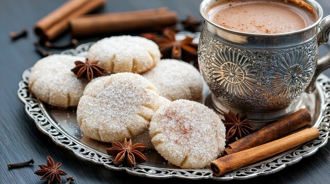 Mexican wedding cookies polvorones powdered sugar dusted shortbread on ornate silver filigree tray with embossed hot chocolate cup cinnamon star anise premium restaurant