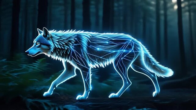 A glowing blue wolf with intricate light patterns on its body walks through a dark, mystical forest.