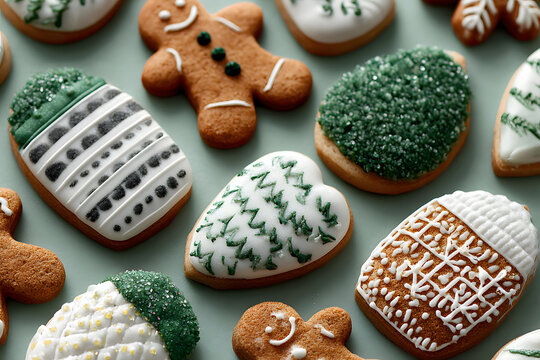 Decorated Christmas Cookies on Mint Green Background - Powered by Adobe