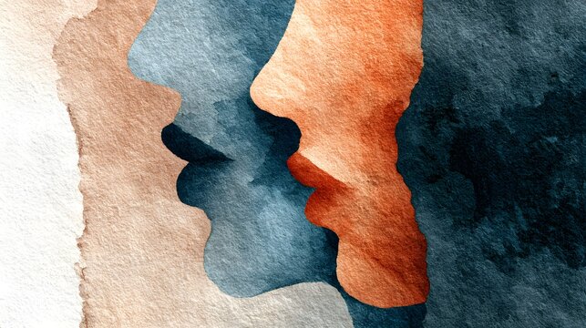 Abstract composition features layered human profiles rendered in rich watercolor textures.