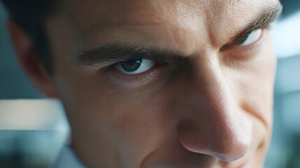 Obraz premium Intense Gaze: A close-up shot of a determined individual with focused eyes, showcasing determination.