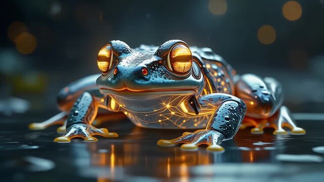 A futuristic metallic frog with glowing orange circuits sits on a wet reflective surface.
