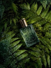 Luxury Perfume Bottle on Lush Green Ferns