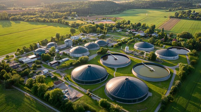 Industrial facility featuring multiple large biodigesters situated within a lush green agricultural landscape under golden sunlight.