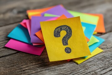 Colorful Sticky Notes with Question Mark on Wooden Surface Close Up