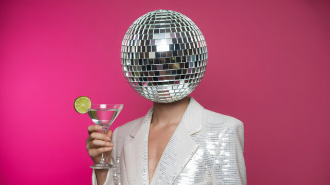 Person with a disco ball head holding a martini wearing a sequin jacket against a pink background perfect for party invitations and nightlife promotions