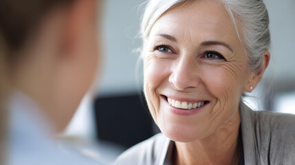 Gracious Guidance: An elegant, silver-haired woman radiates warmth, offering a comforting smile during a moment of counseling or consultation. A depiction of trust and understanding.