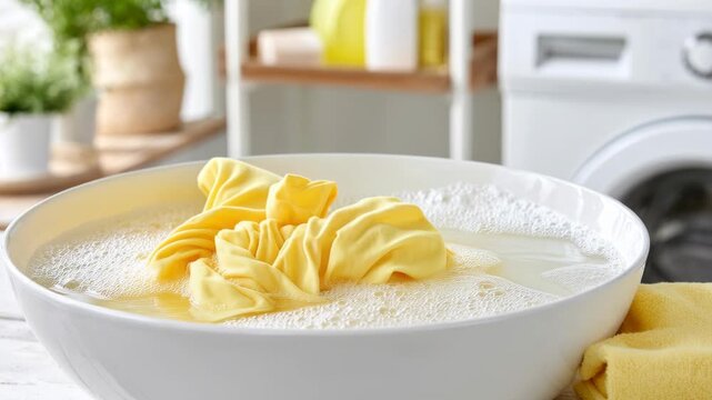 A yellow garment soaks in a bowl of sudsy water, with a washing machine and laundry essentials in the background.