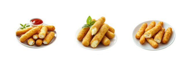 Three plates of mozzarella sticks on a white background.