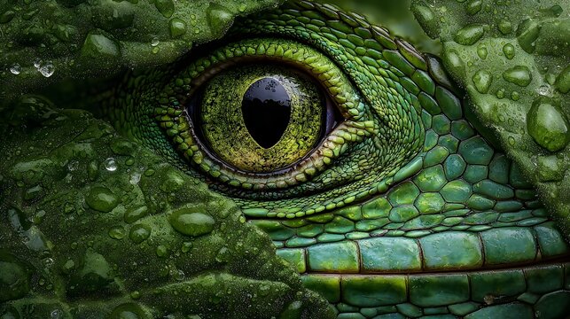 Extreme close up reveals vibrant green reptile eye surrounded by textured, wet scales and foliage