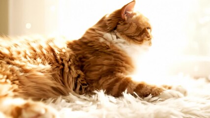 Ginger Cat Relaxing on a Soft White Blanket, Close Up
