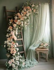 Soft Sage Green Maternity Photoshoot Setup with Flowers