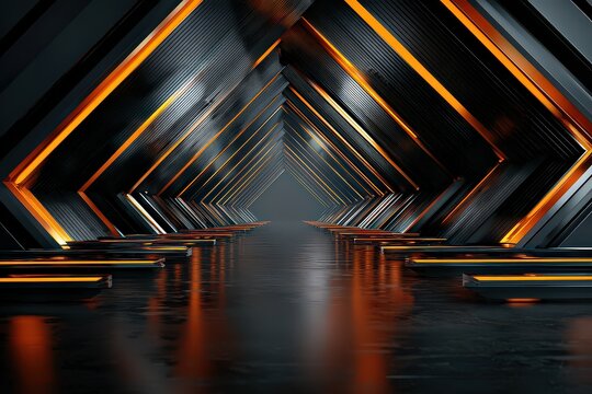 Abstract Geometric Tunnel with Orange Accent Lighting and Reflective Surface