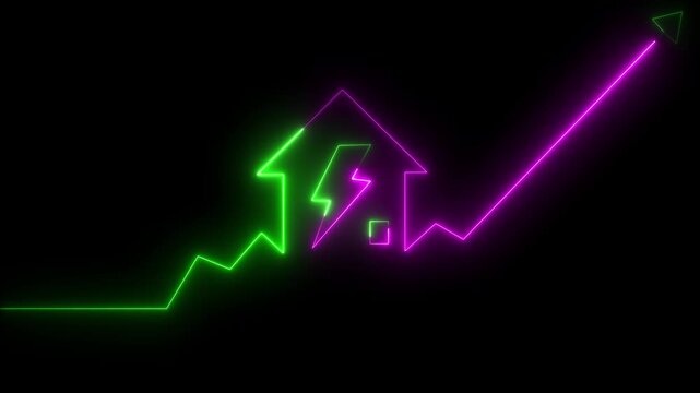 Home icon sign neon lights animation with up arrow battery charging power icon. Neon House, home building animation. Neon home business graph animation, Lightning,house sign neon lights,4k