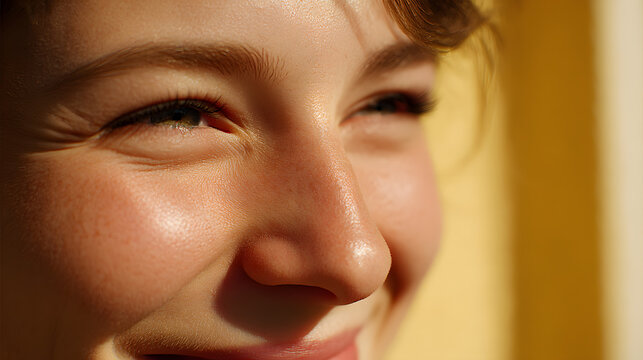 Radiant Smile: A close-up shot of a youthful individual, illuminated by a warm, natural light, their face wreathed in a genuine smile, embodying happiness.