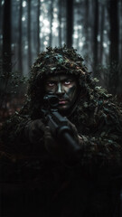Camo-Painted Sniper Aims Scoped Rifle From Concealed Forest Position Displaying Intense Stealth Focus.