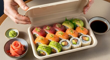 Assortment of Fresh Sushi Rolls and Nigiri in Takeout Container.