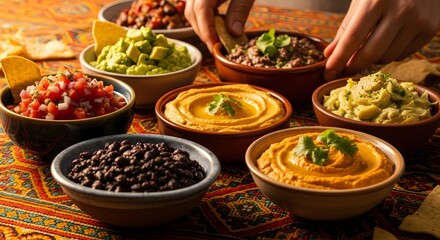 Assortment of Mexican Dips and Toppings for a Festive Gathering.