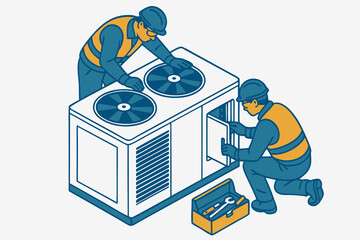 Expert HVAC technicians servicing air conditioning unit with tools offering reliable cooling solutions for homes and businesses with care