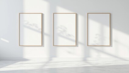 Fototapeta premium 3d Realistic Three A4 Brown Wooden Simple Modern Frame on a White Wall Background. It can be used for presentations. Design Template for Mockup, Front View