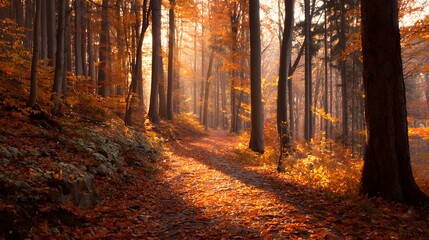 Sunlight streams through tall trees illuminating a forest path covered in fallen autumn foliage